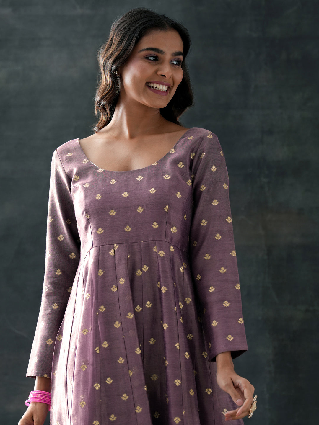  Mauve Woven Design Silk Blend Anarkali Suit Set With Dupatta 