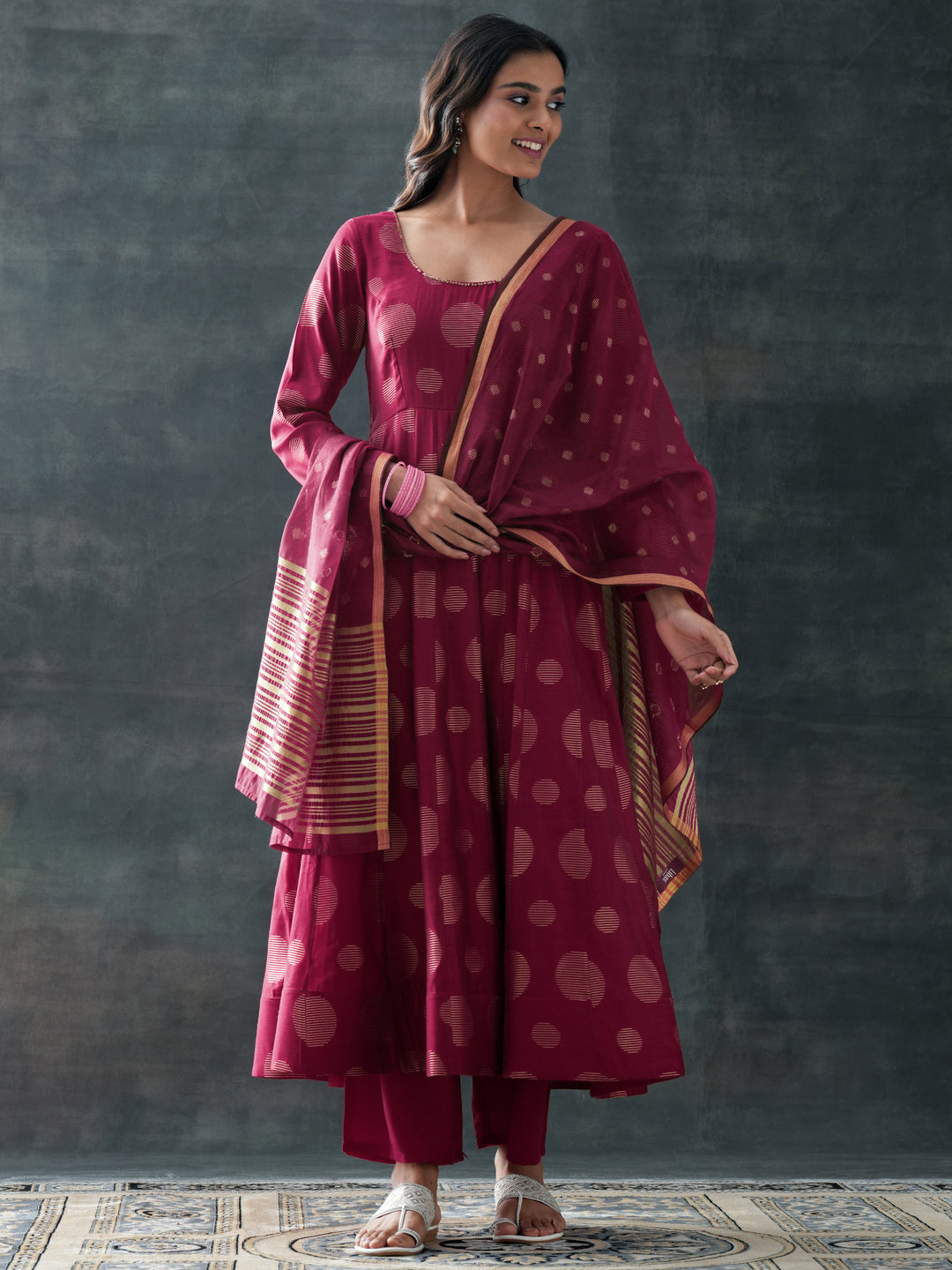  Maroon Woven Design Silk Blend Anarkali Suit Set With Dupatta 