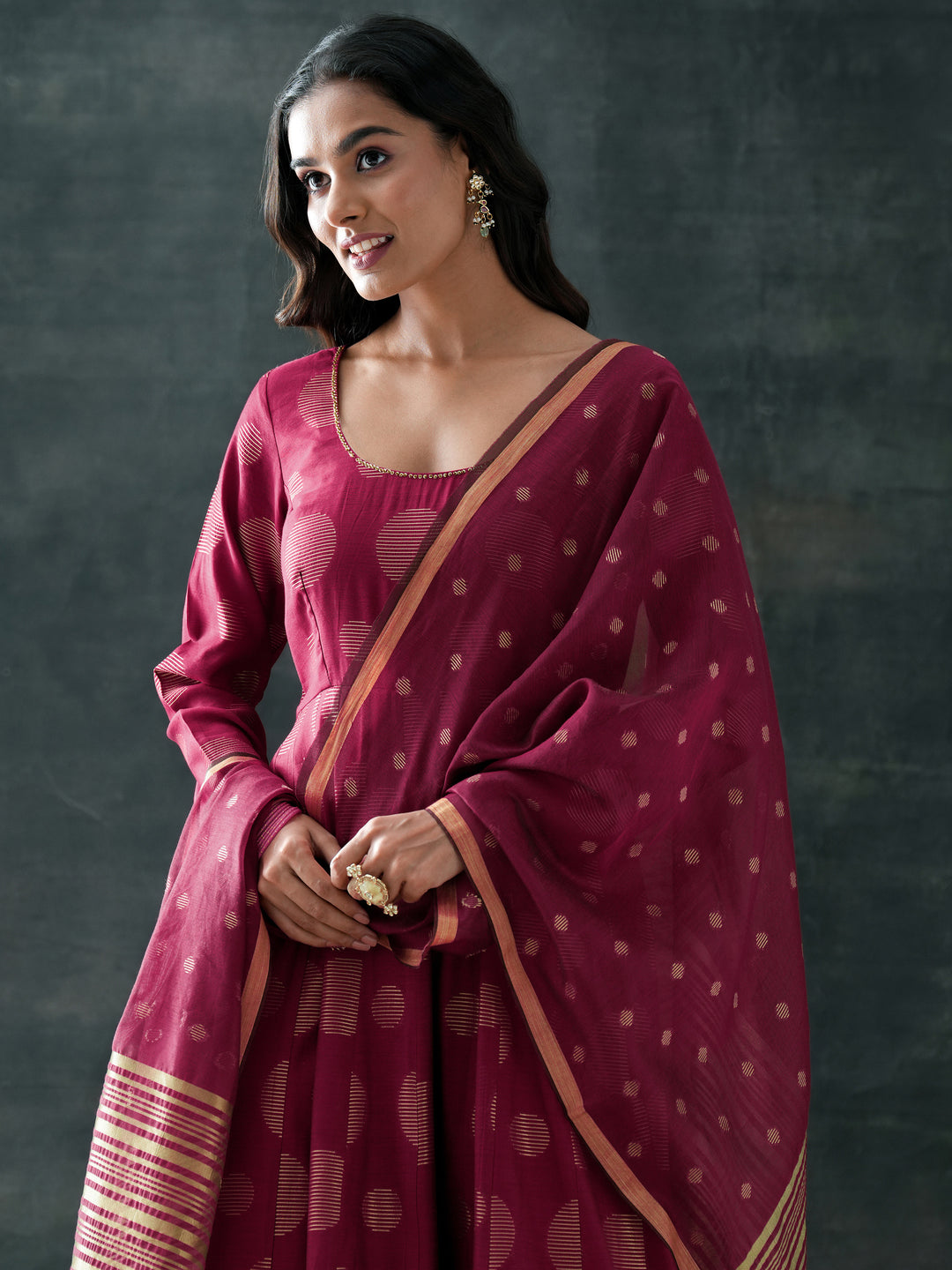  Maroon Woven Design Silk Blend Anarkali Suit Set With Dupatta 