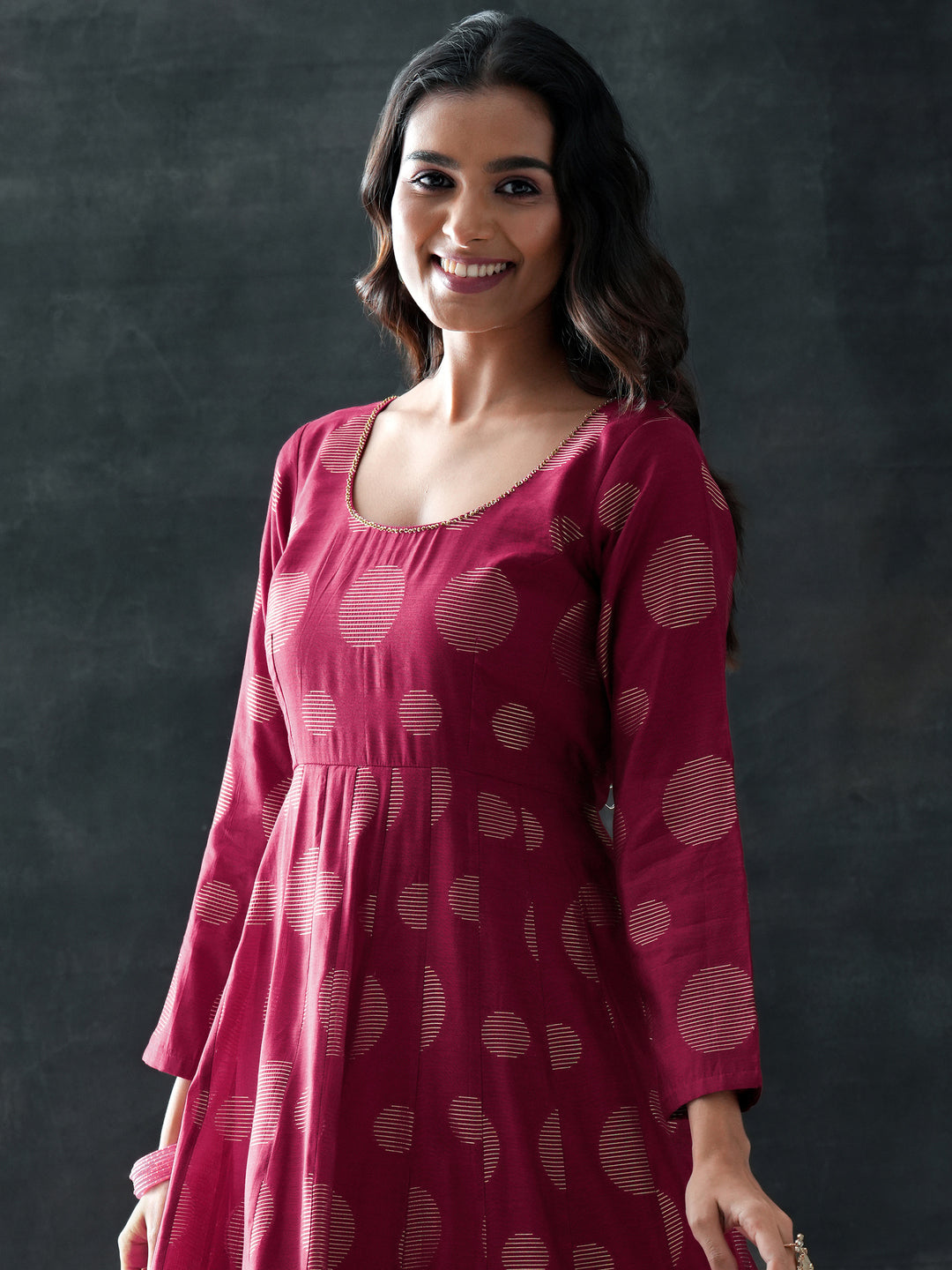  Maroon Woven Design Silk Blend Anarkali Suit Set With Dupatta 