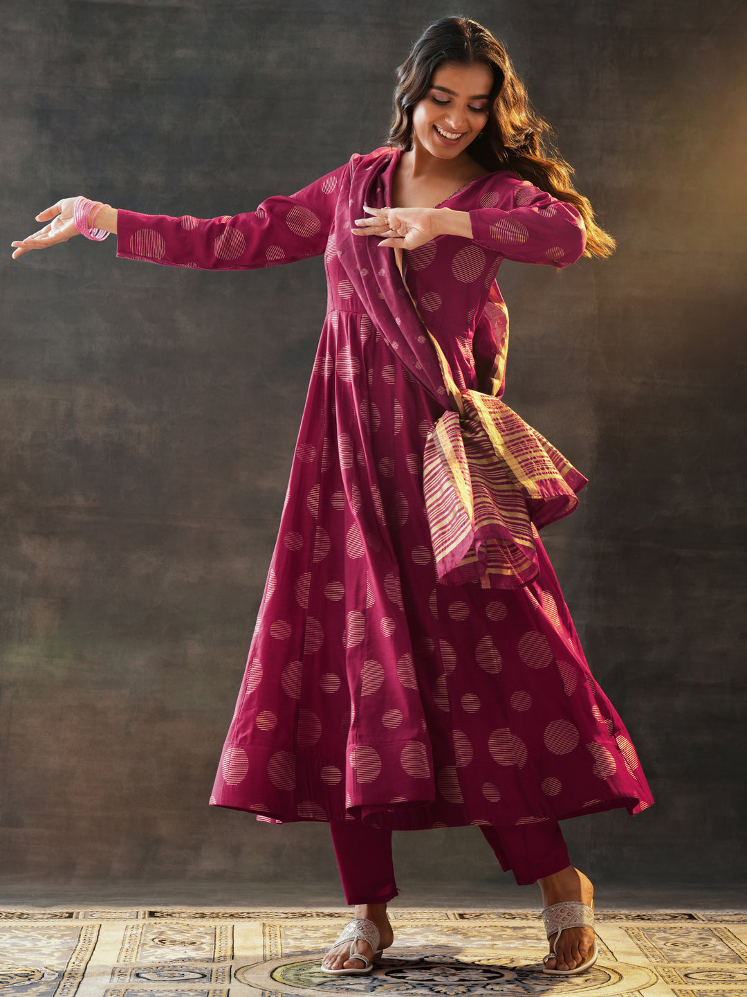  Maroon Woven Design Silk Blend Anarkali Suit Set With Dupatta 