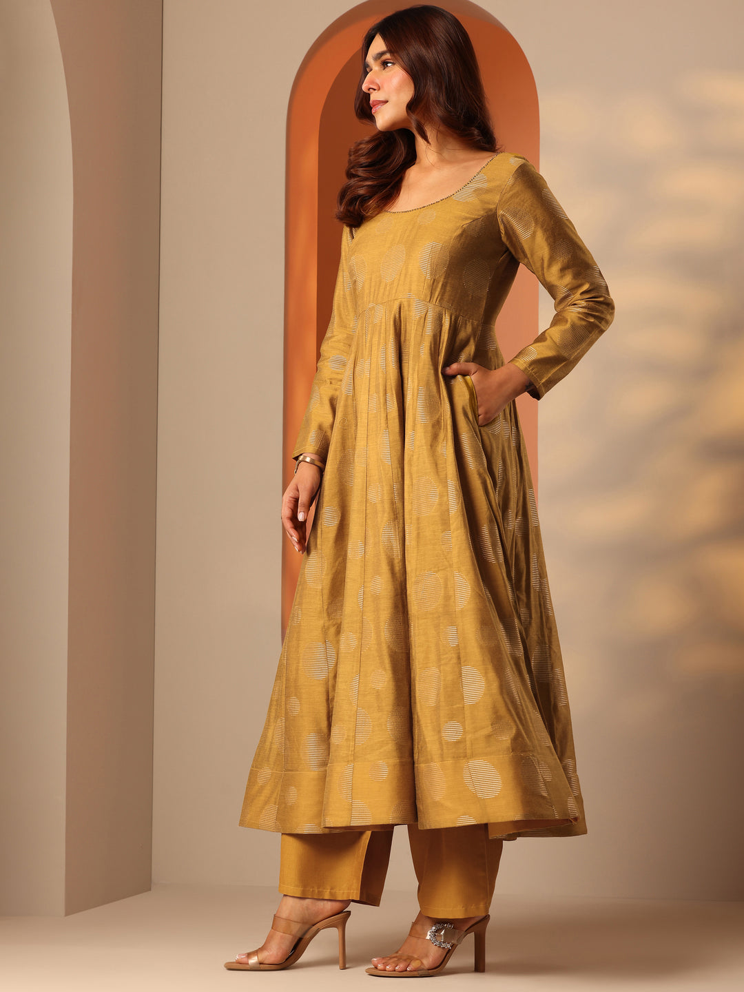  Mustard Woven Design Silk Blend Anarkali Suit Set With Dupatta 