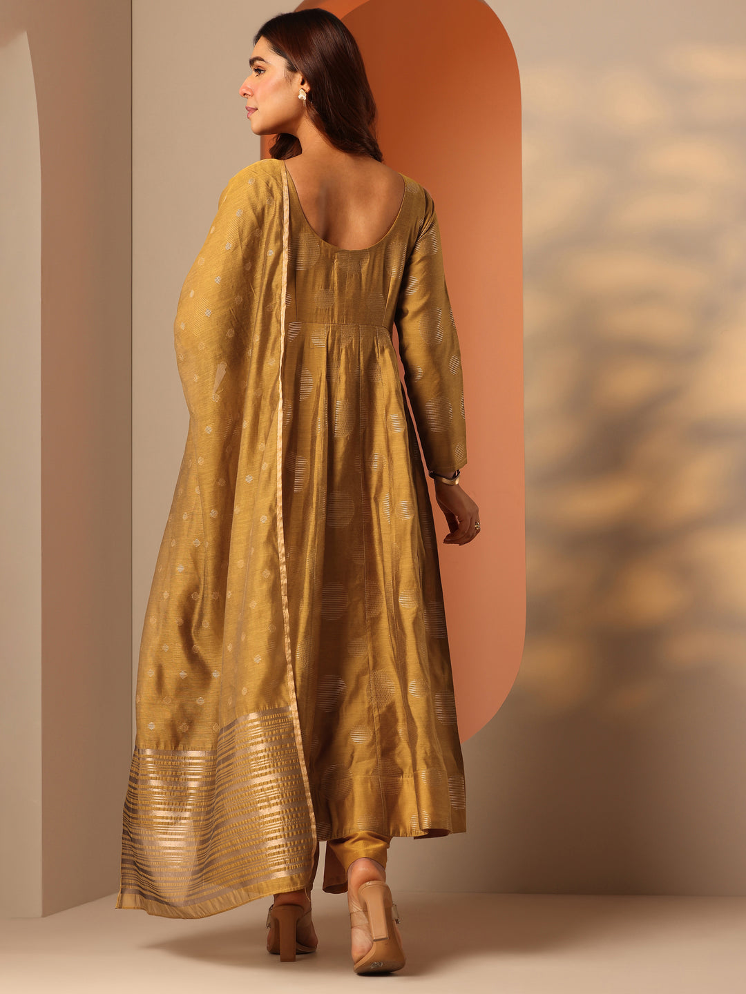  Mustard Woven Design Silk Blend Anarkali Suit Set With Dupatta 