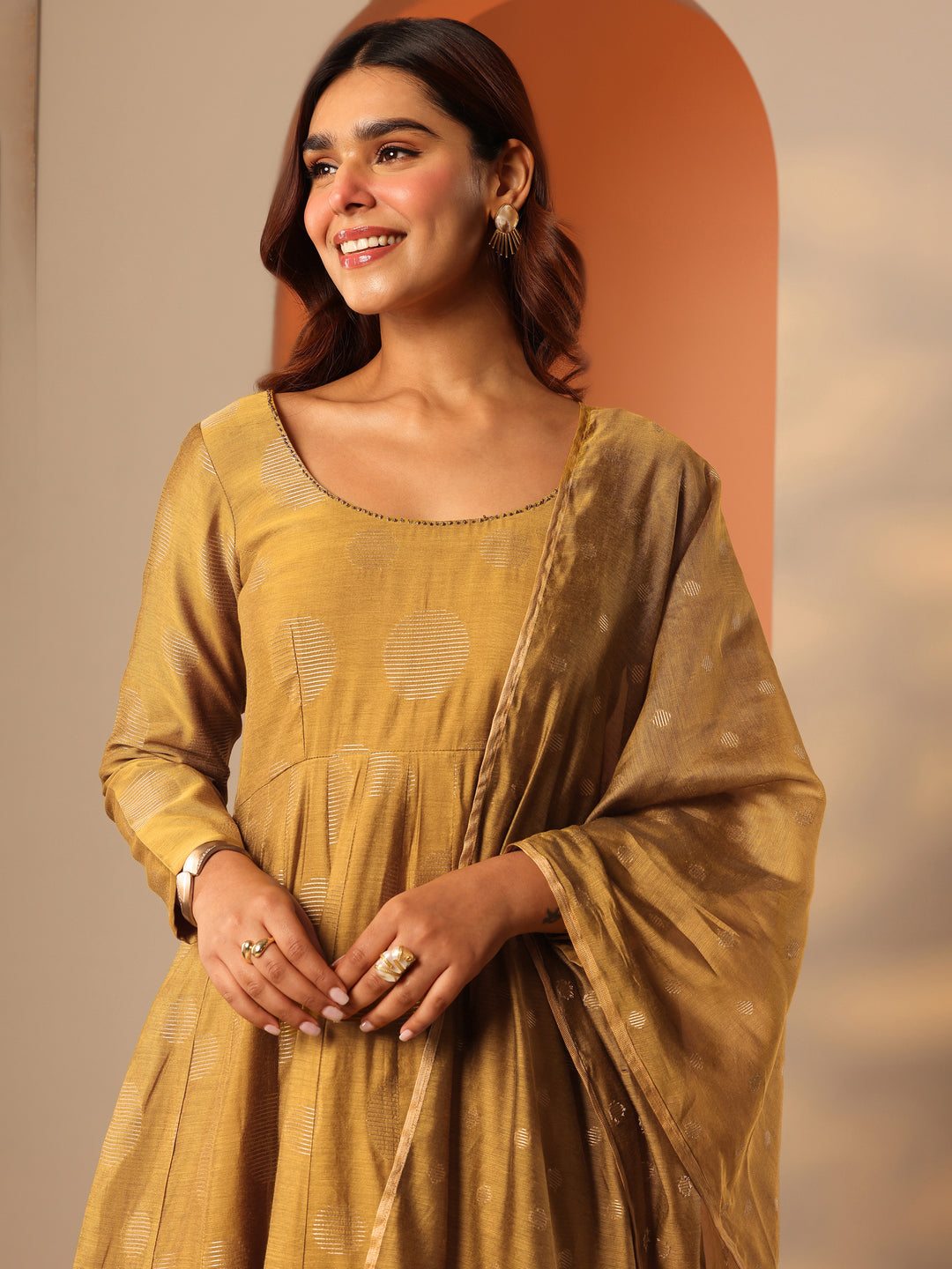  Mustard Woven Design Silk Blend Anarkali Suit Set With Dupatta 