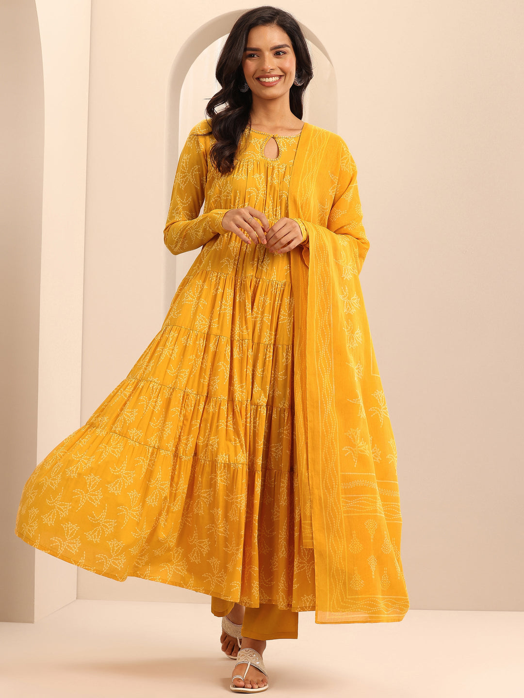  Mustard Printed Cotton Anarkali Suit Set With Dupatta 