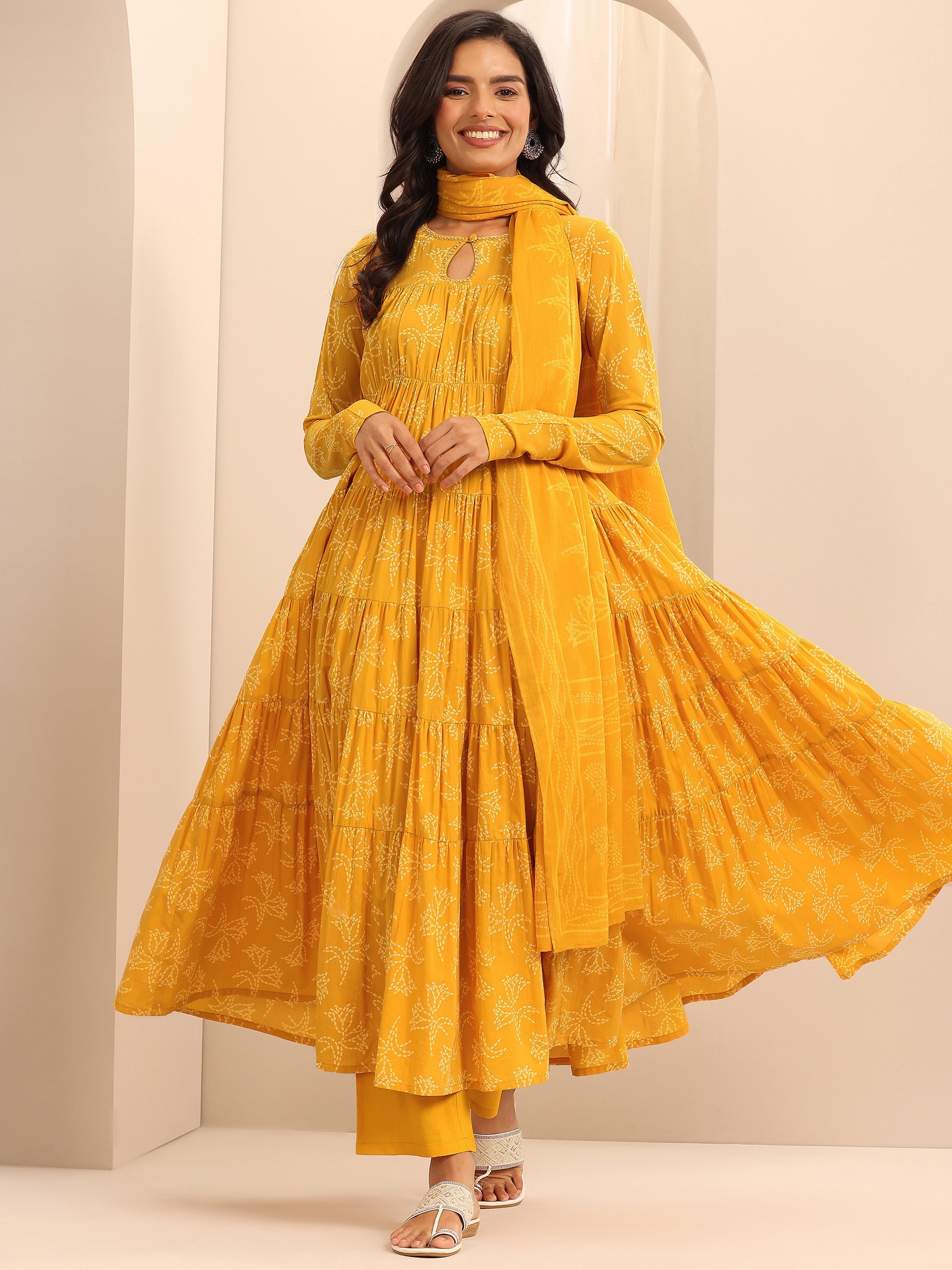 libas Mustard Printed Cotton Anarkali Suit Set With Dupatta-picture-42