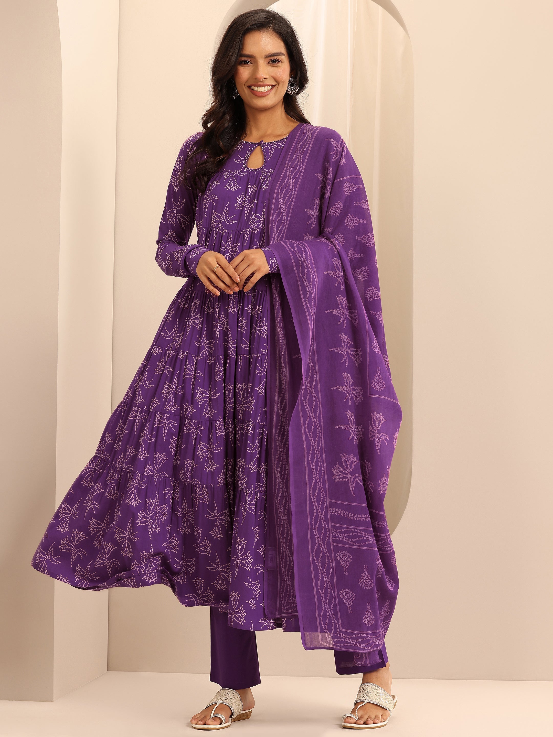 libas Purple Printed Cotton Anarkali Suit Set With Dupatta-picture-19