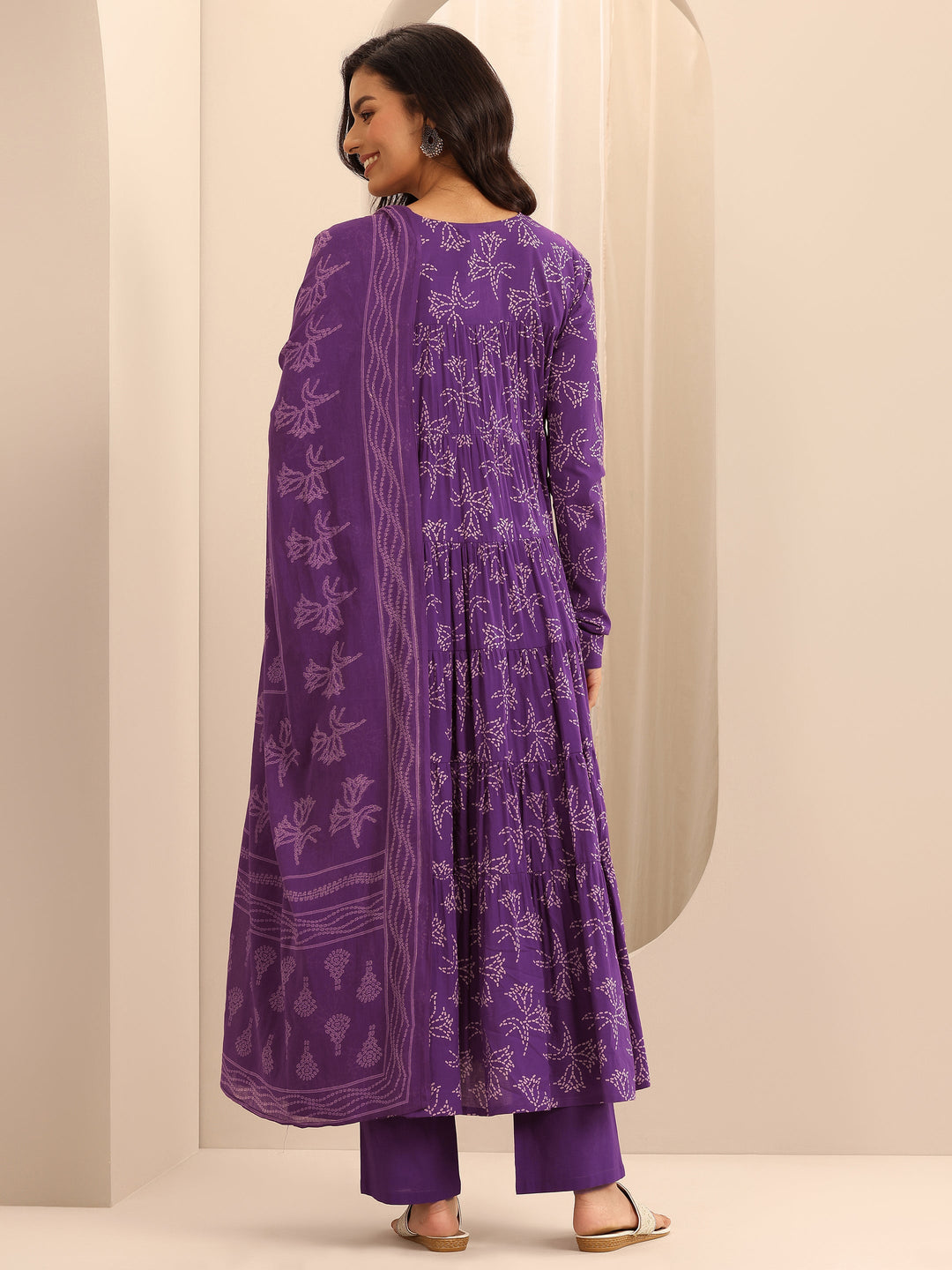  Purple Printed Cotton Anarkali Suit Set With Dupatta 
