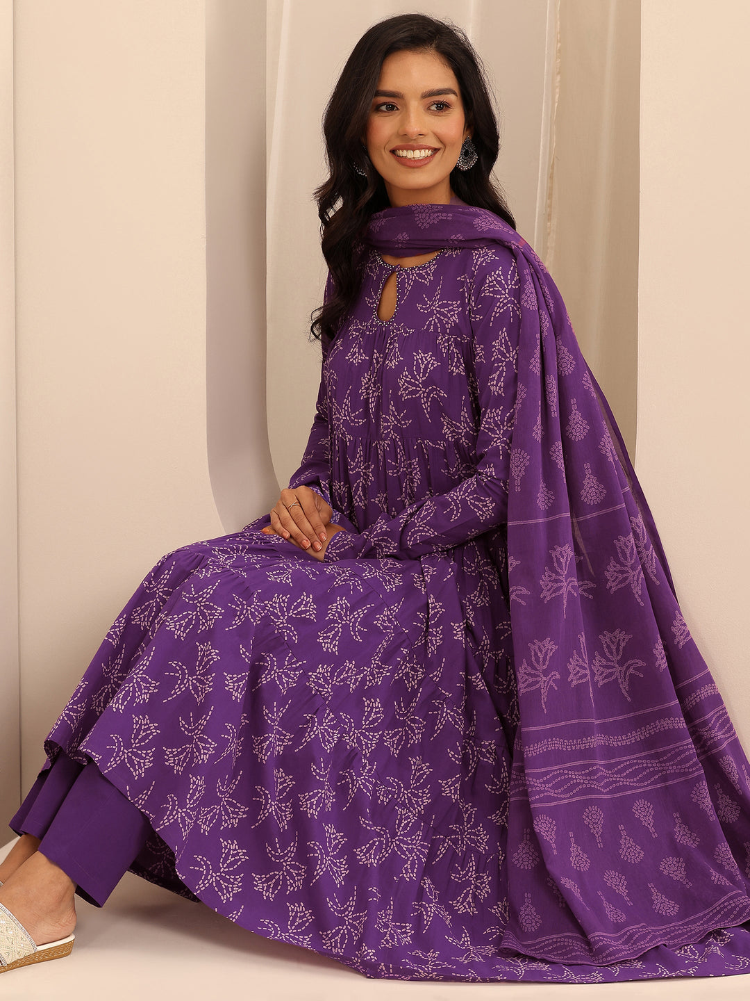  Purple Printed Cotton Anarkali Suit Set With Dupatta 