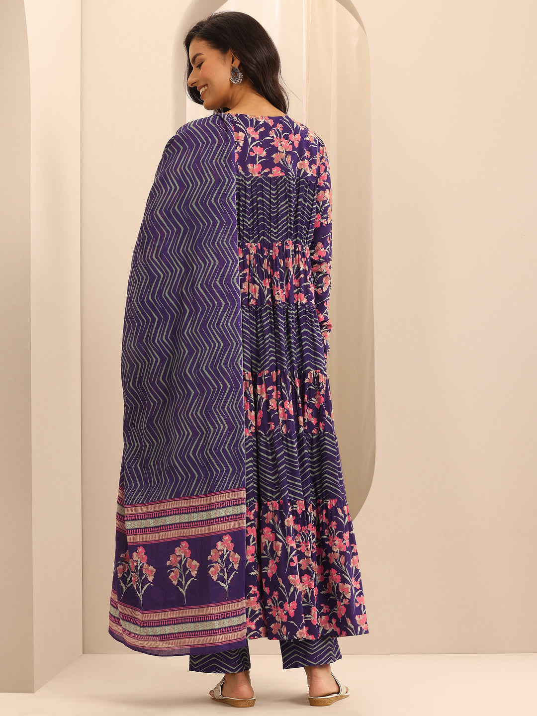  Purple Printed Cotton Anarkali Suit Set With Dupatta 
