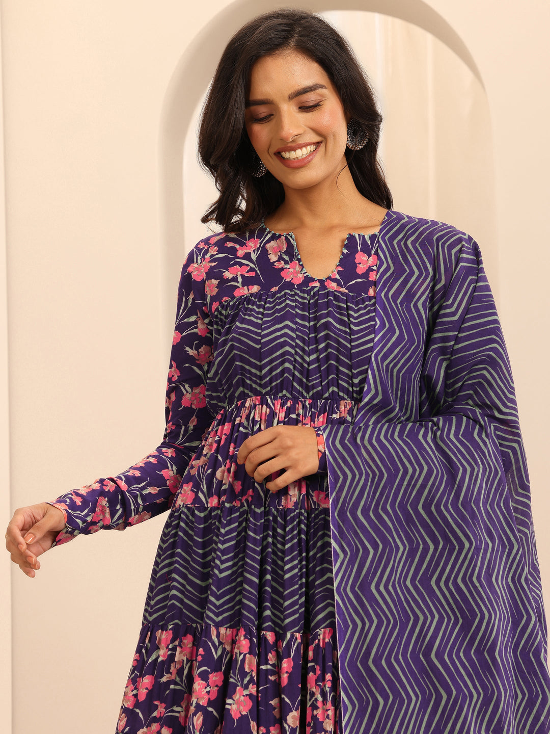  Purple Printed Cotton Anarkali Suit Set With Dupatta 