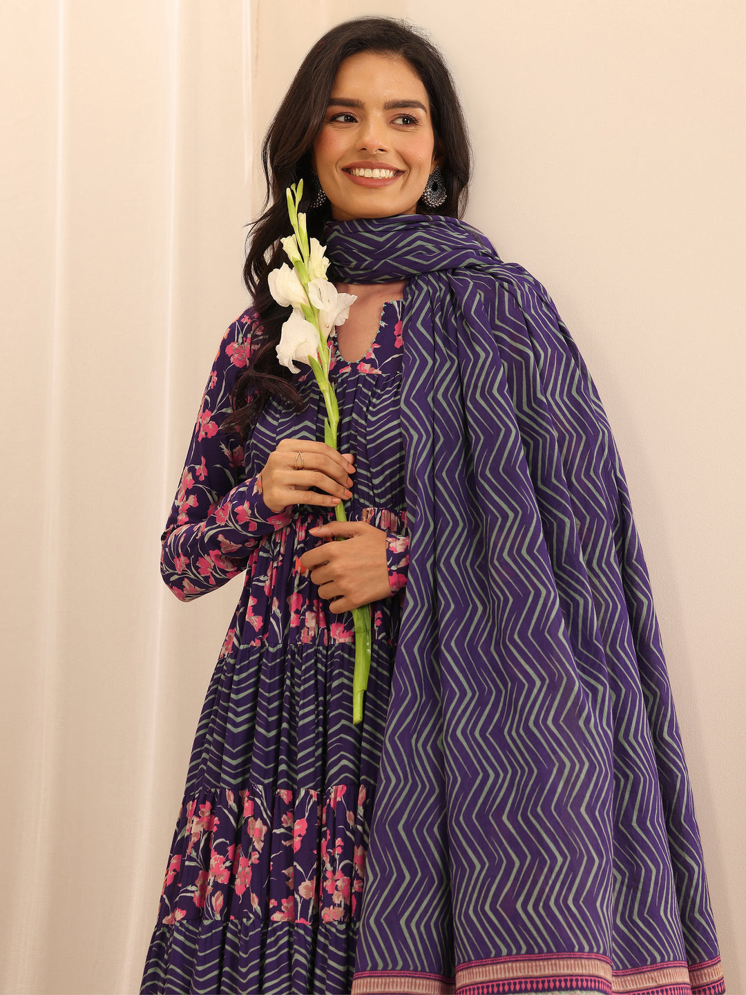  Purple Printed Cotton Anarkali Suit Set With Dupatta 