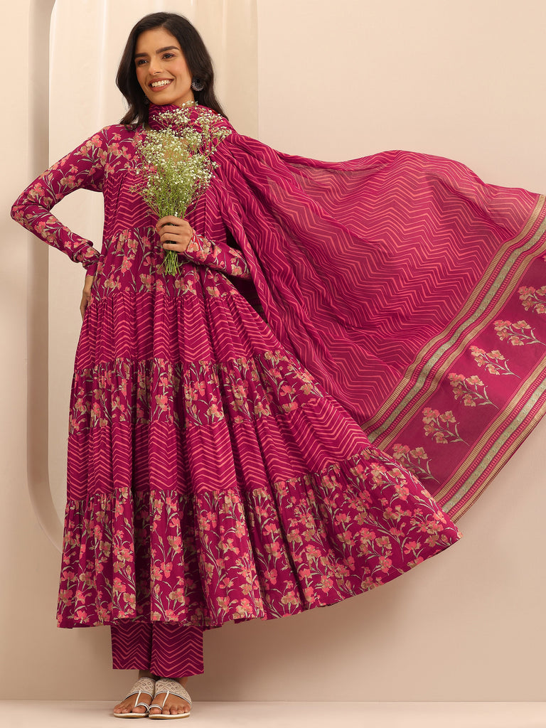 Libas Red Printed Cotton Anarkali Suit Set With Dupatta