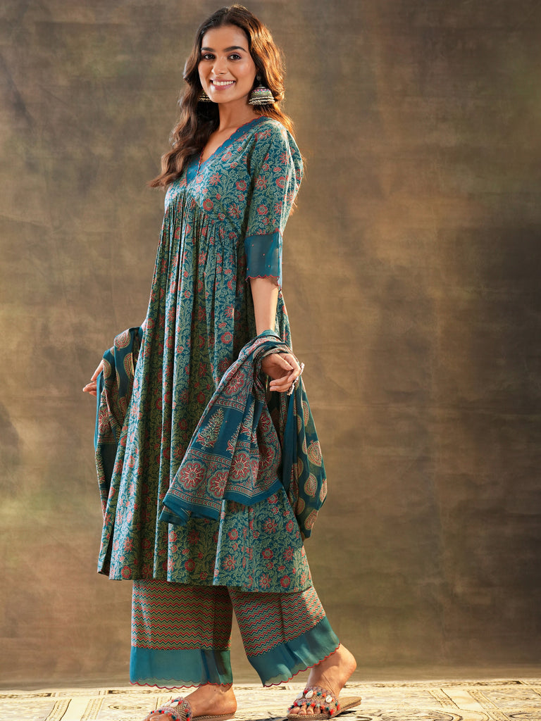 Libas Teal Printed Cotton Anarkali Suit Set With Dupatta