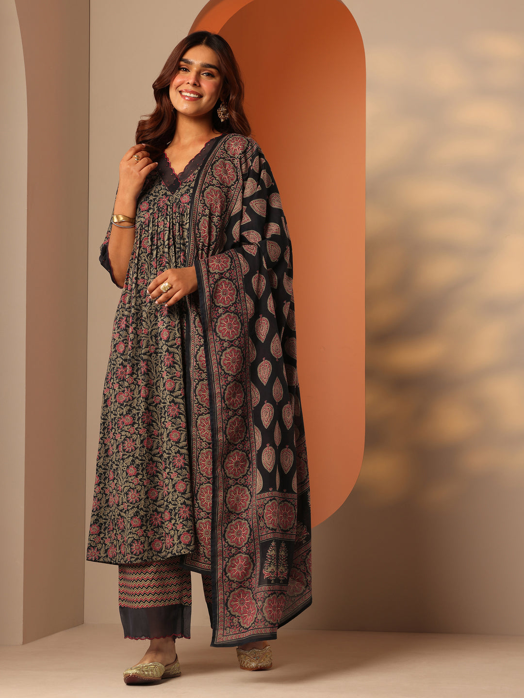  Navy Blue Printed Cotton Anarkali Suit Set With Dupatta 