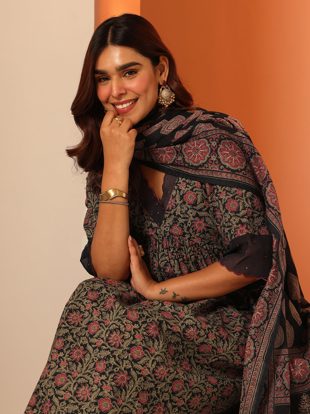 Navy Blue Printed Cotton Anarkali Suit Set With Dupatta