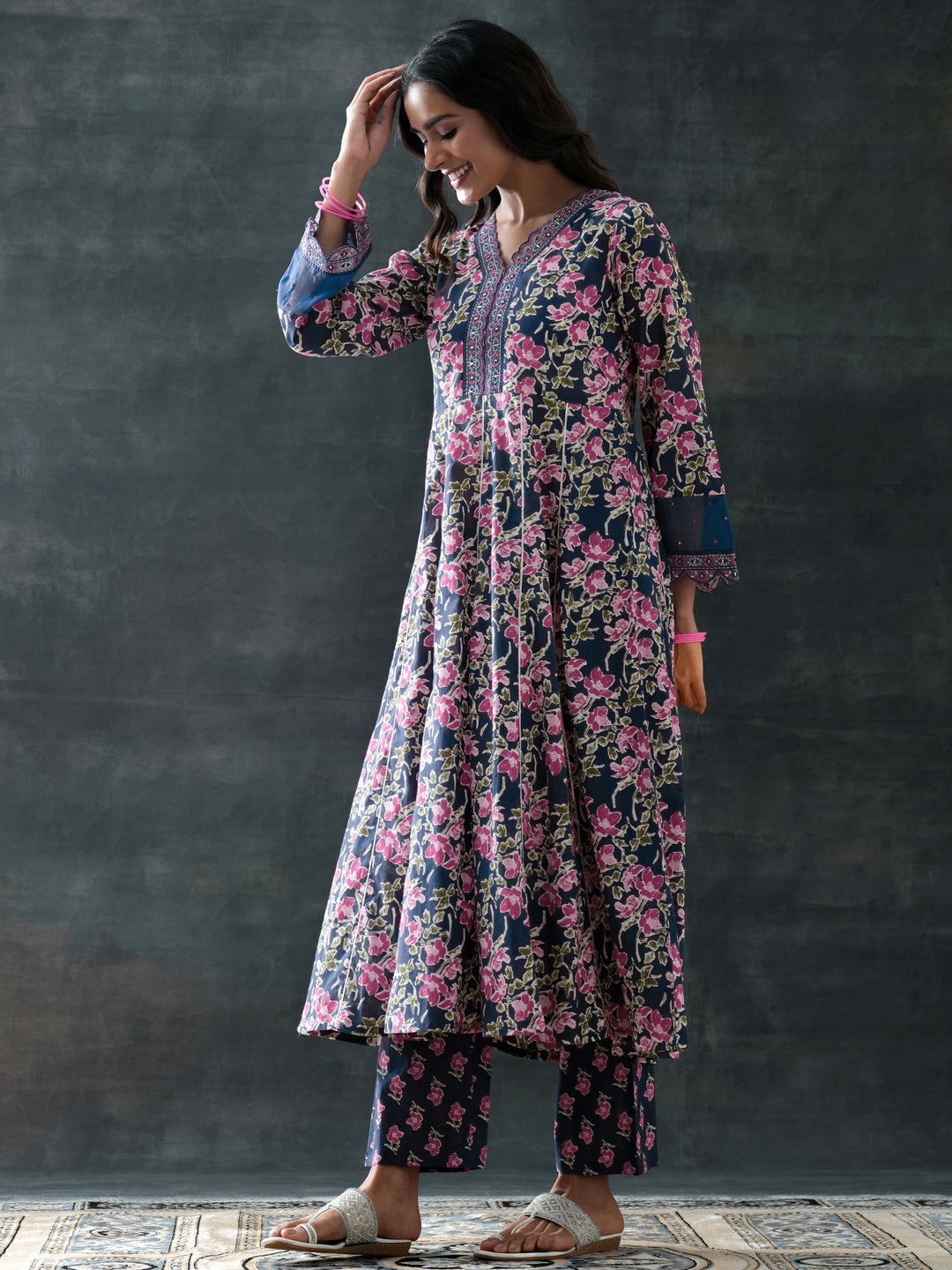  Blue Printed Cotton Anarkali Suit Set With Dupatta 