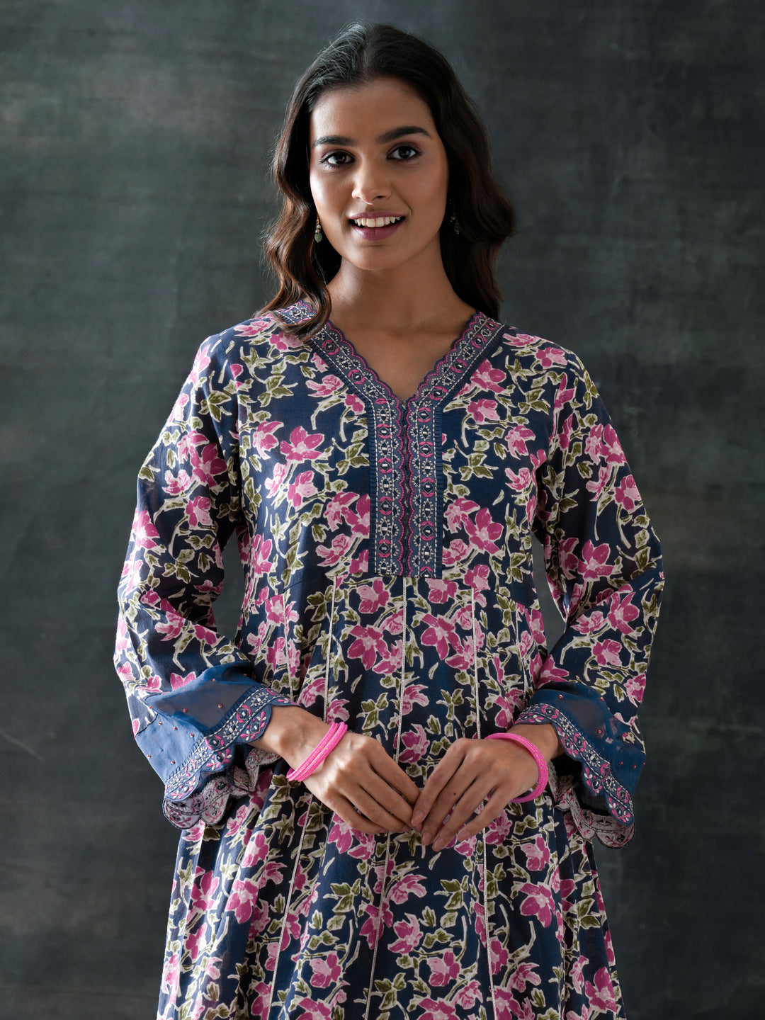  Blue Printed Cotton Anarkali Suit Set With Dupatta 