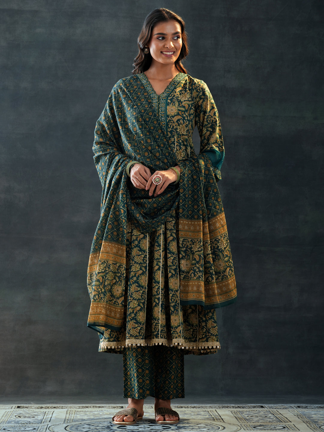  Green Printed Cotton Anarkali Suit Set With Dupatta 