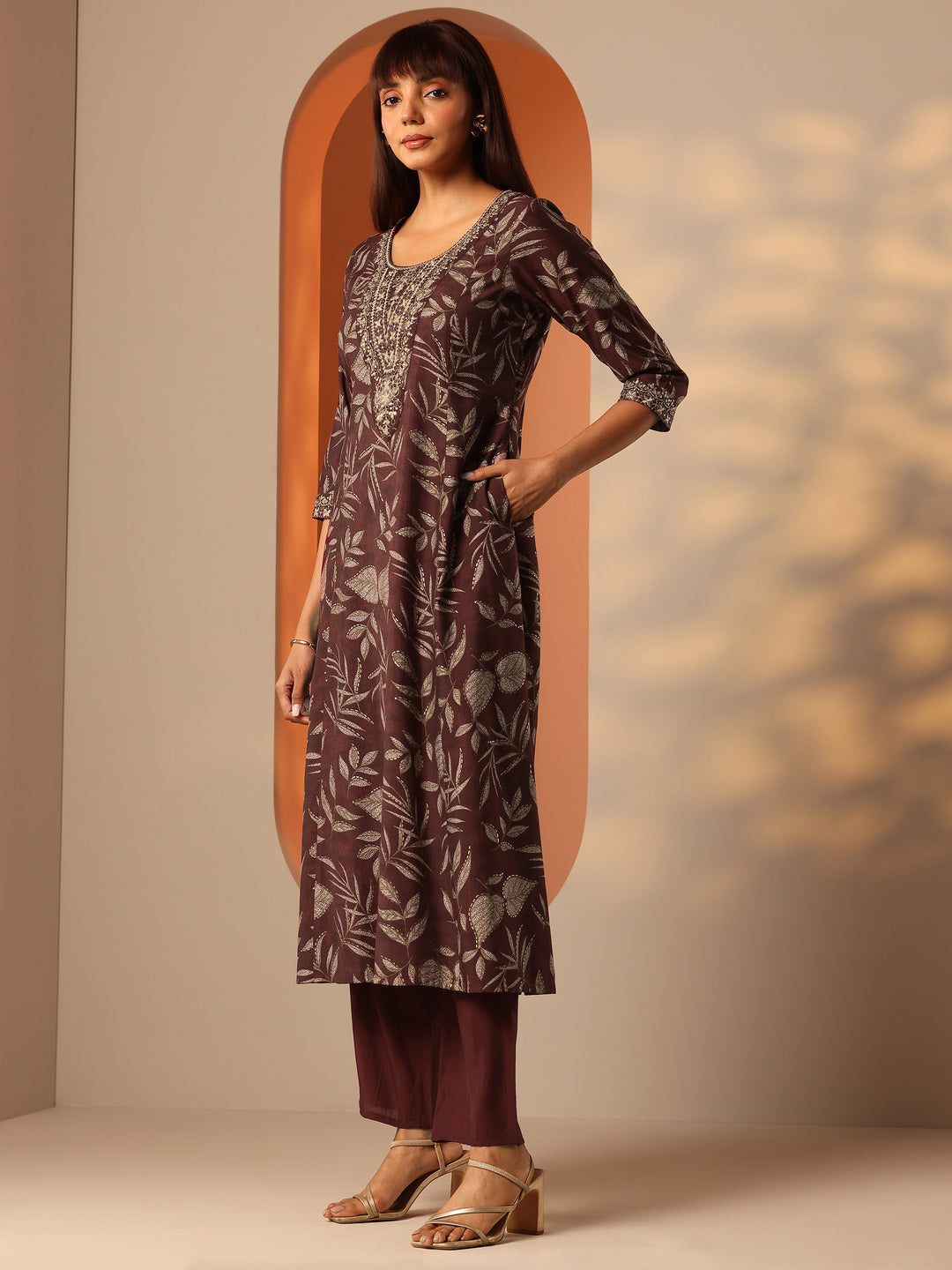  Maroon Printed Silk Blend A-Line Suit Set With Dupatta 
