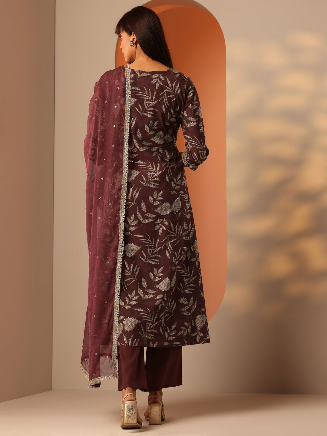  Maroon Printed Silk Blend A-Line Suit Set With Dupatta 