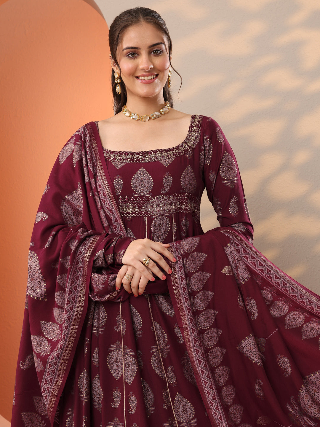  Maroon Printed Silk Blend Anarkali Suit Set With Dupatta 
