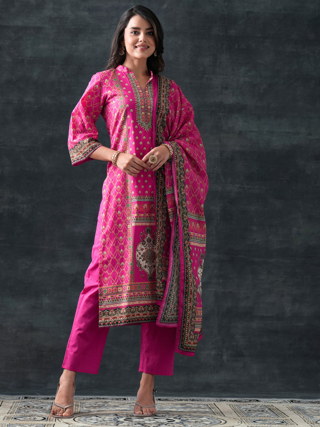  Pink Printed Cotton Straight Suit Set With Dupatta 