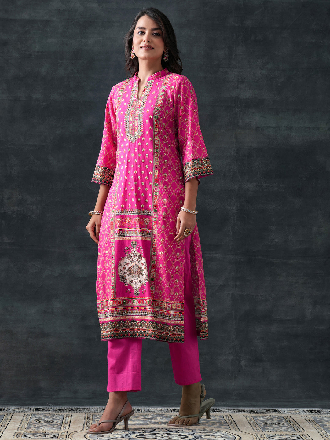  Pink Printed Cotton Straight Suit Set With Dupatta 
