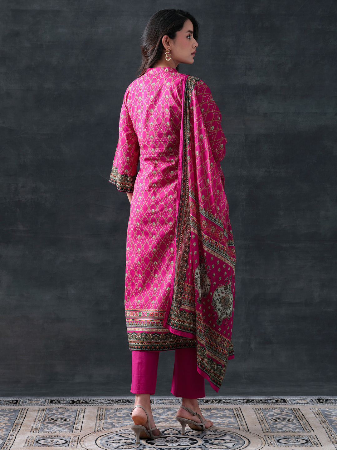  Pink Printed Cotton Straight Suit Set With Dupatta 
