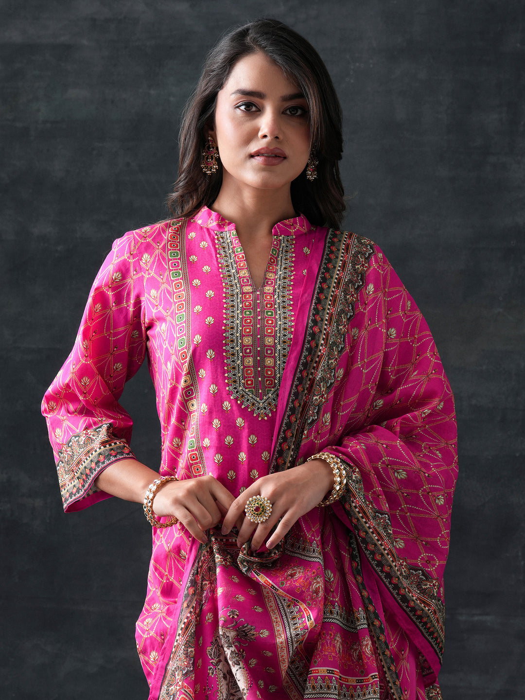  Pink Printed Cotton Straight Suit Set With Dupatta 