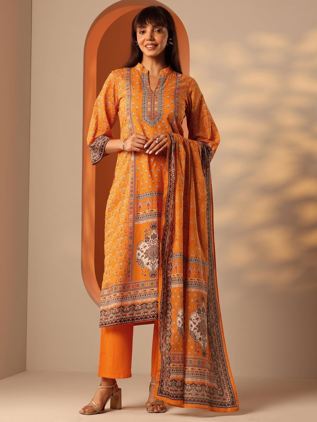  Orange Printed Cotton Straight Suit Set With Dupatta 