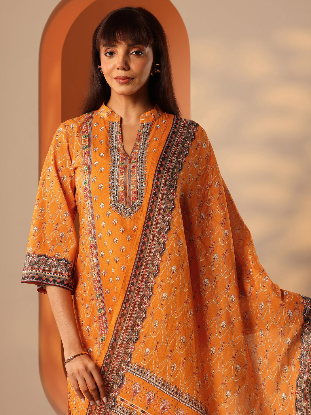  Orange Printed Cotton Straight Suit Set With Dupatta 