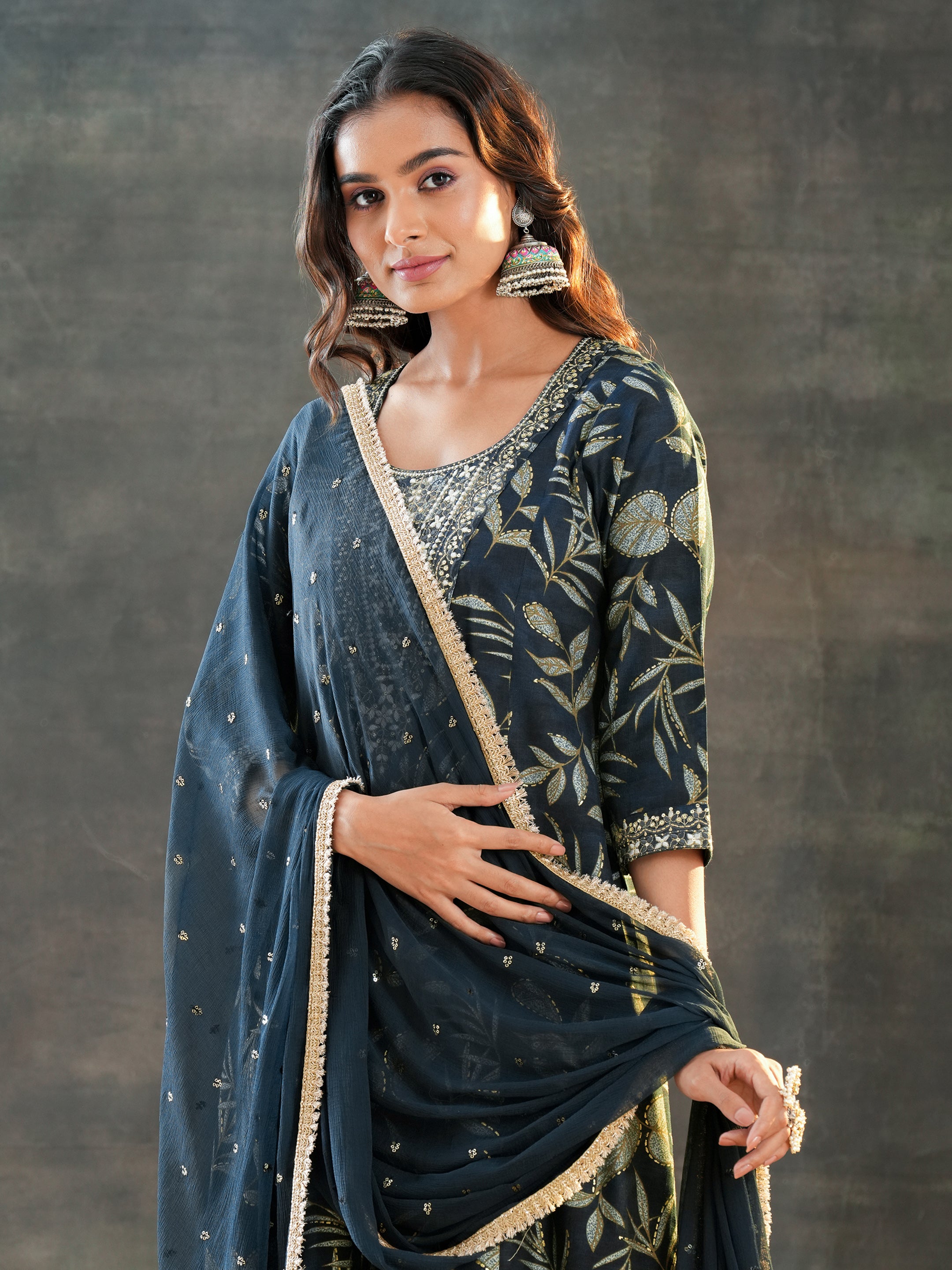Grey Printed Silk Blend A-Line Suit Set With Dupatta-image-45