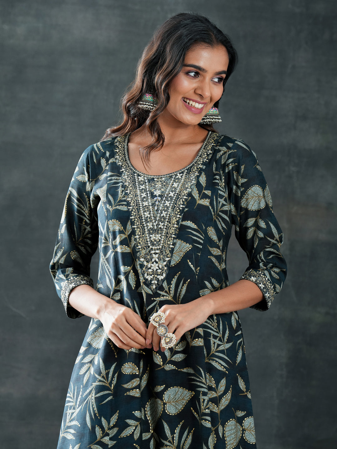  Grey Printed Silk Blend A-Line Suit Set With Dupatta 