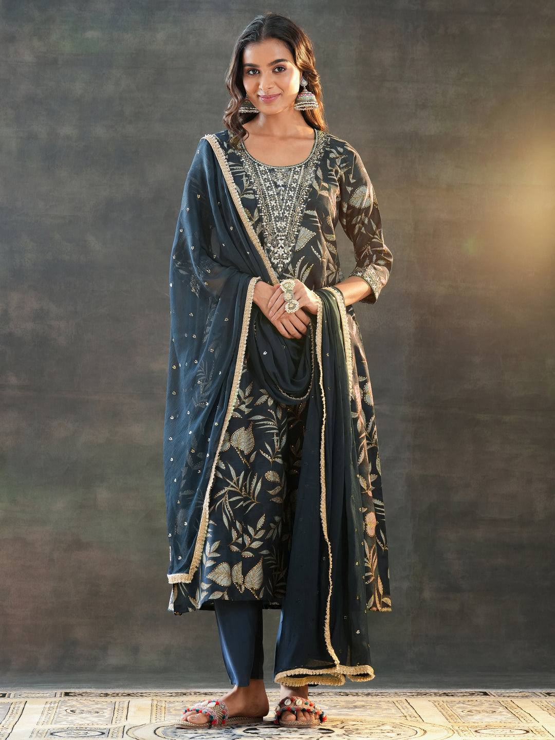  Grey Printed Silk Blend A-Line Suit Set With Dupatta 