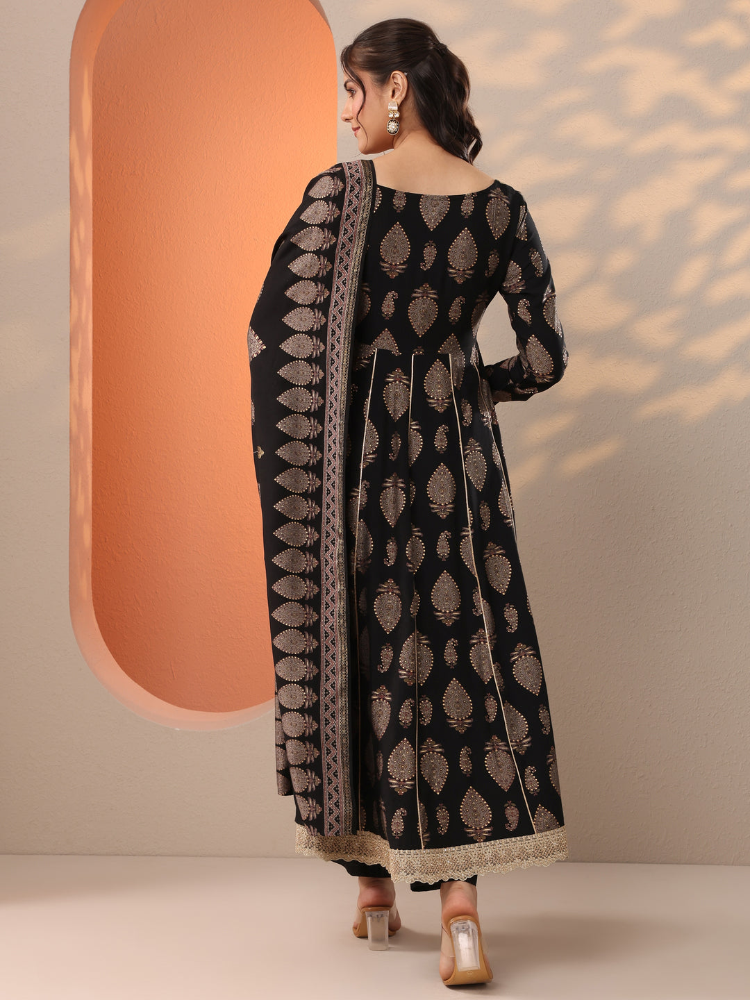  Black Printed Silk Blend Anarkali Suit Set With Dupatta 