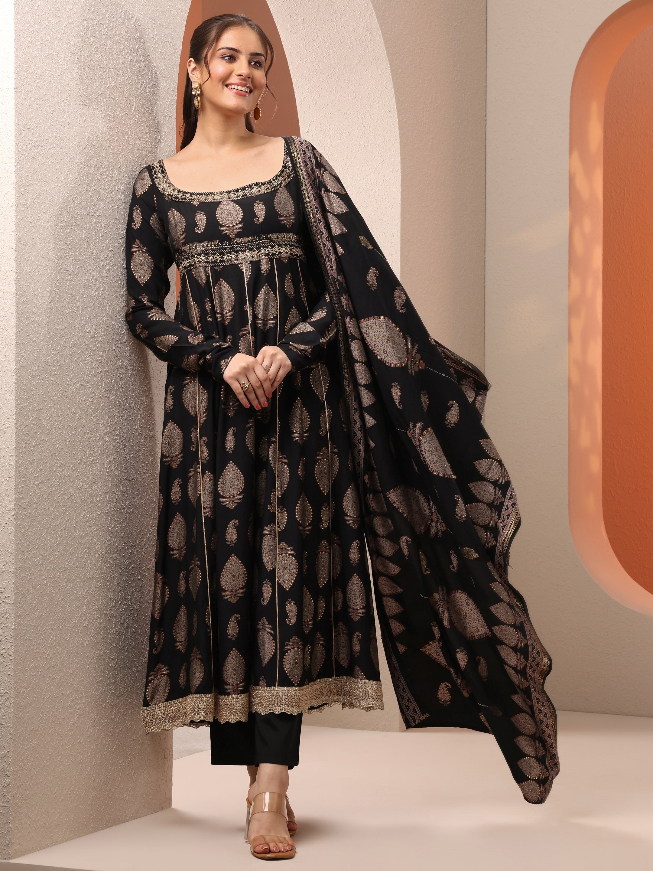 libas Black Printed Silk Blend Anarkali Suit Set With Dupatta-picture-34