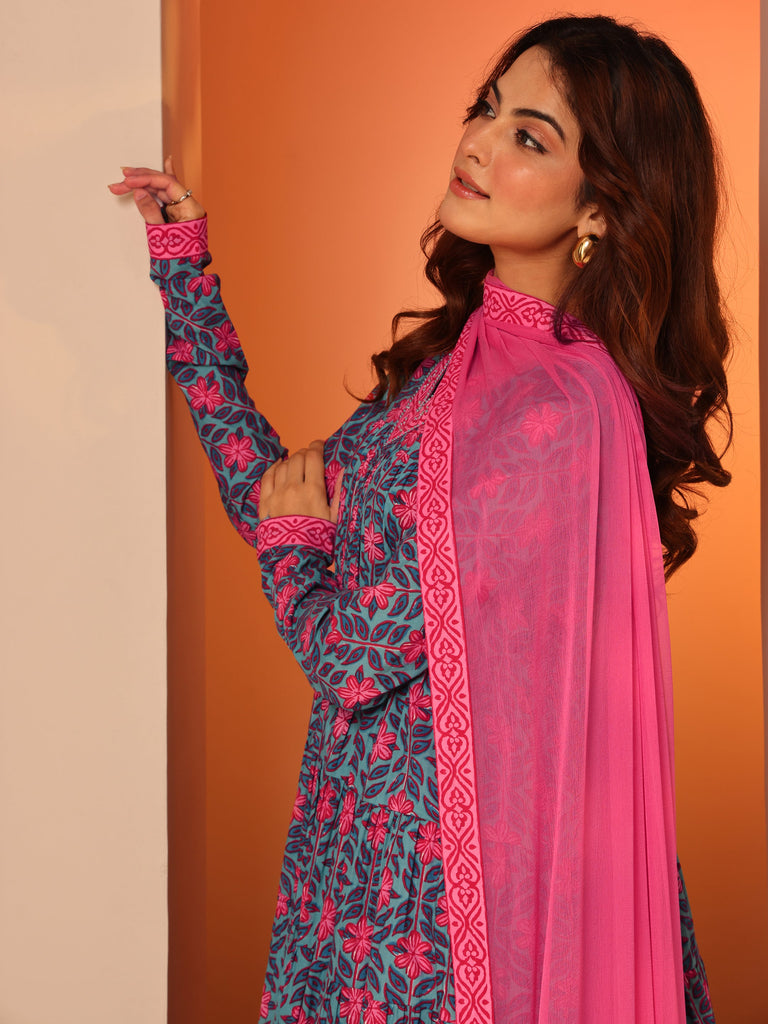 Libas Blue Printed Cotton Anarkali Suit Set With Dupatta