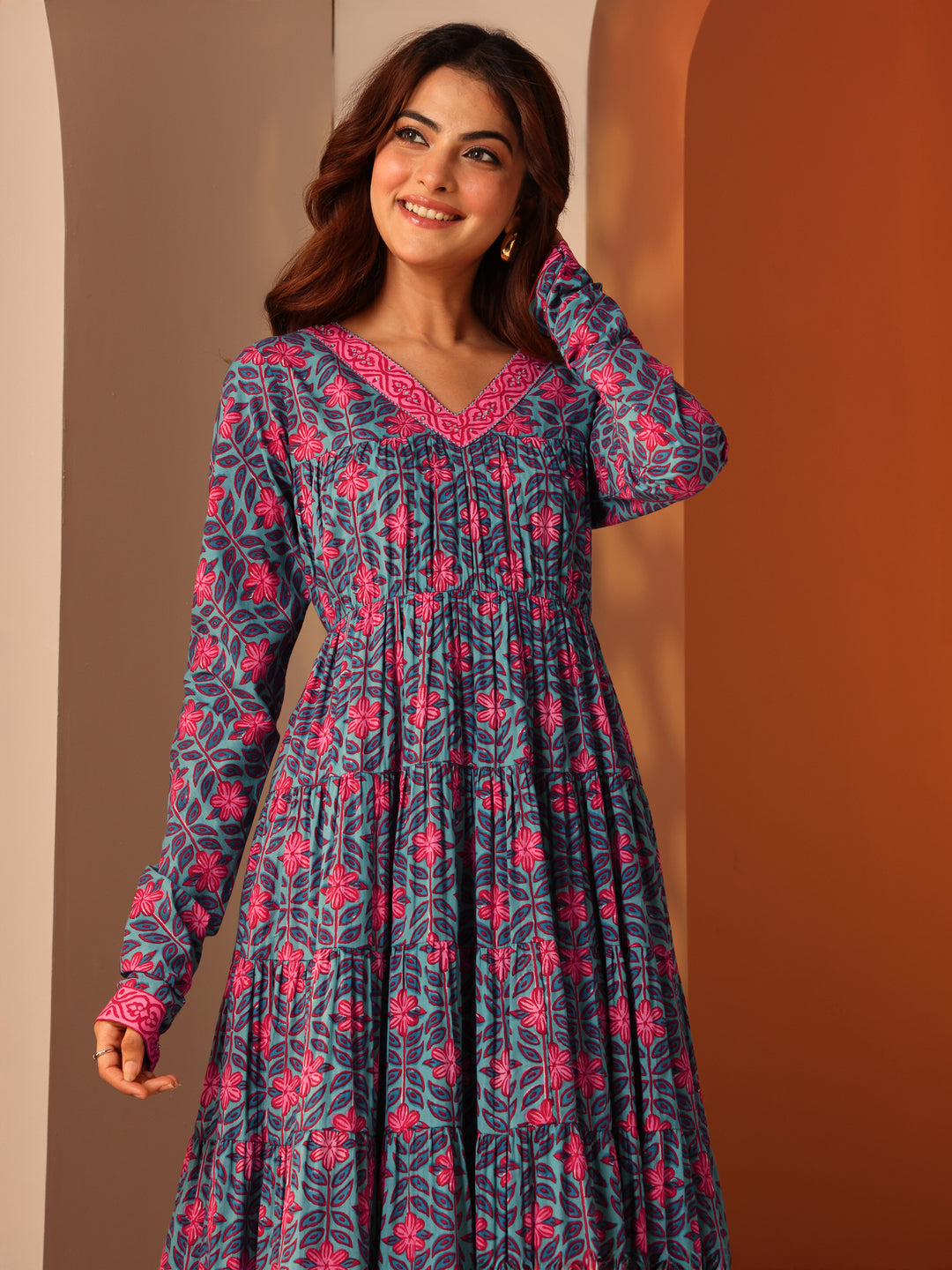  Blue Printed Cotton Anarkali Suit Set With Dupatta 