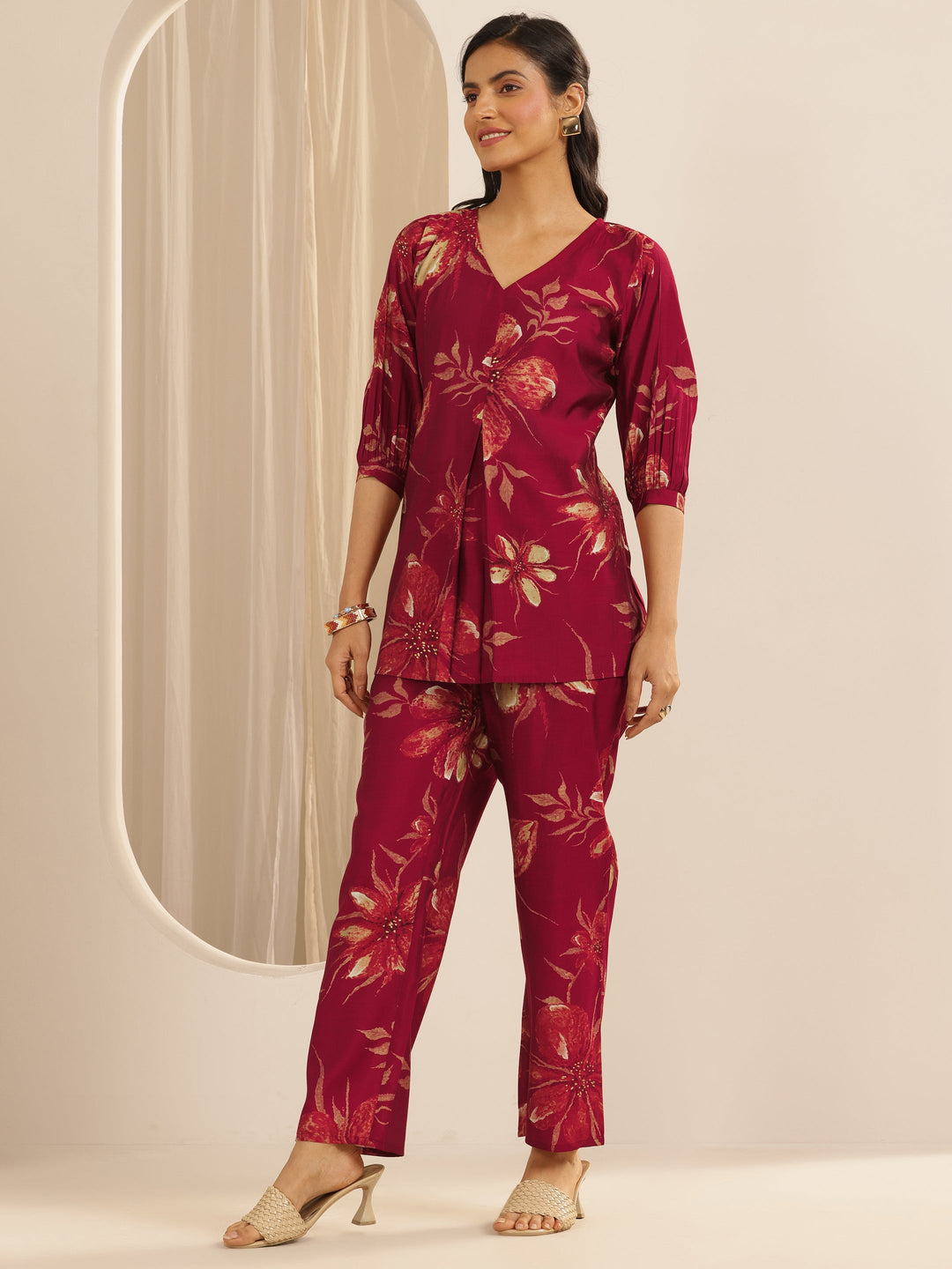  Maroon Printed Silk Blend Co-ord Sets 