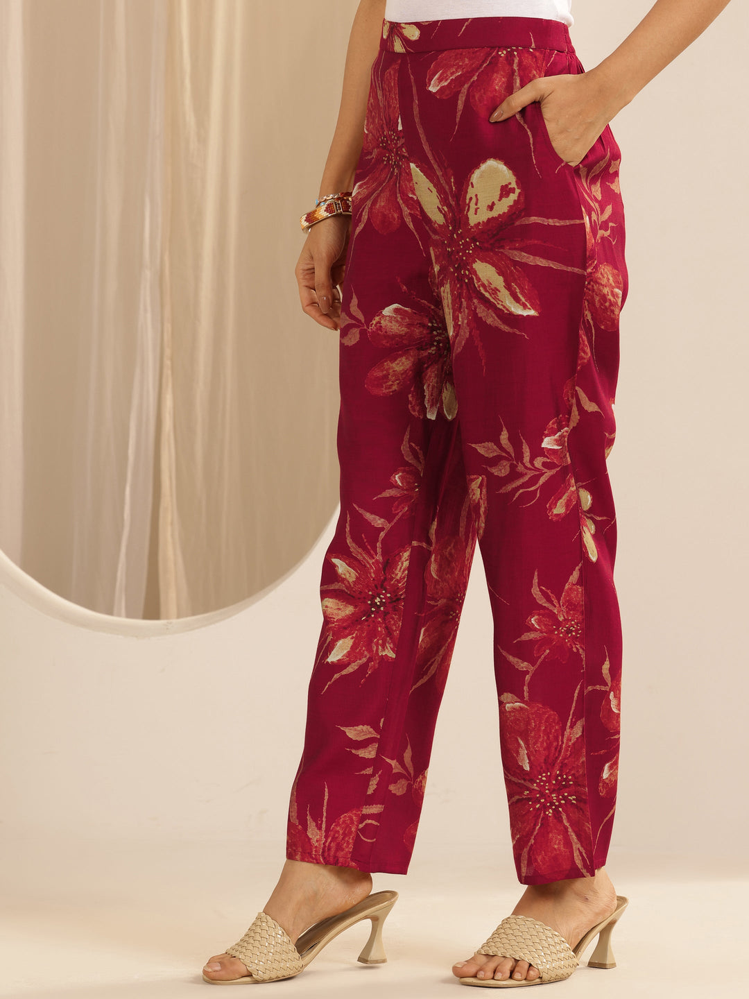  Maroon Printed Silk Blend Co-ord Sets 