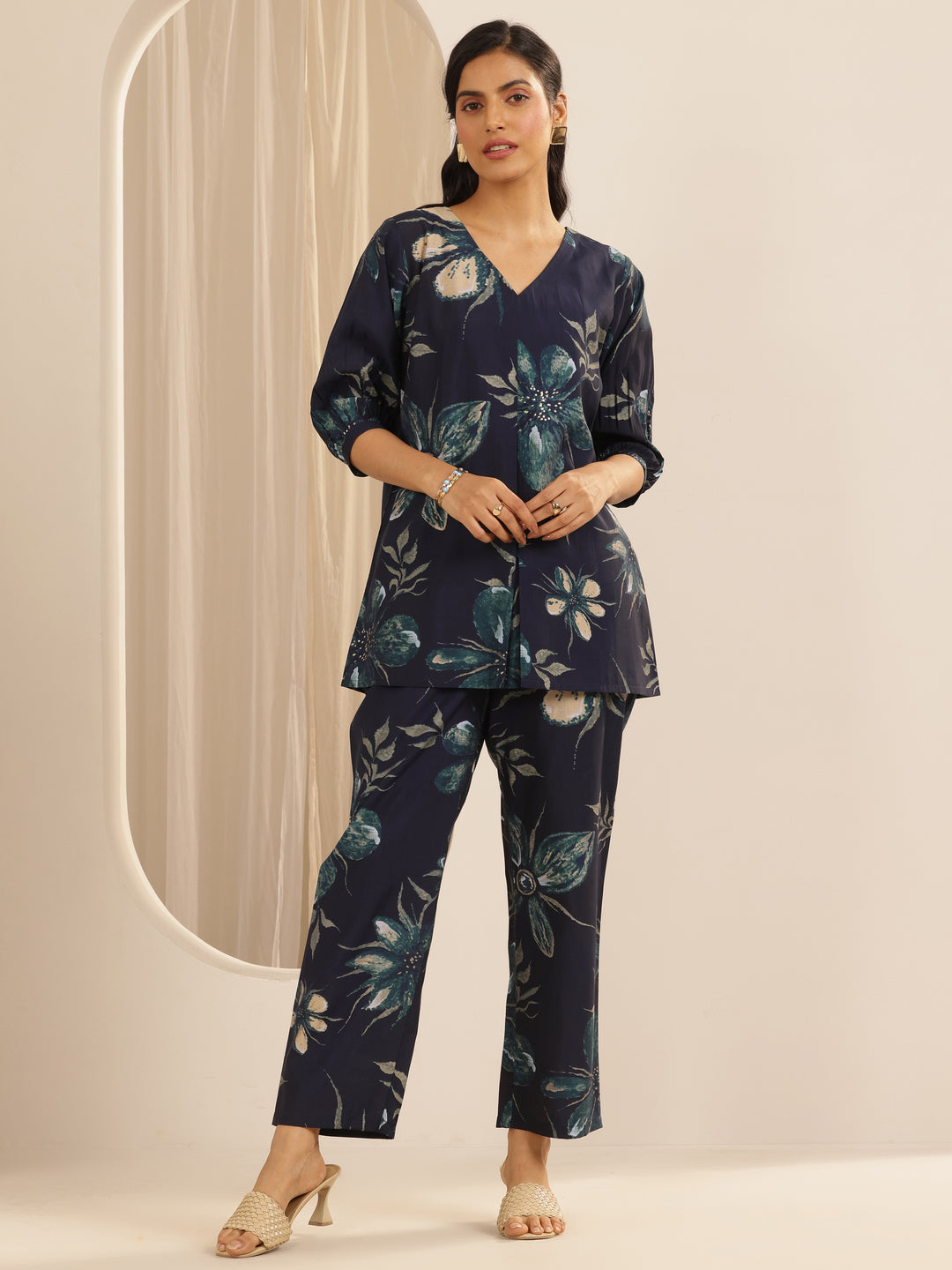  Navy Blue Printed Silk blend Straight Co-Ord Sets 