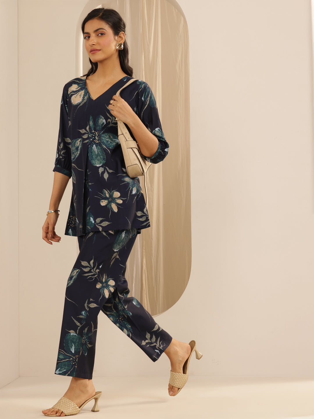  Navy Blue Printed Silk blend Straight Co-Ord Sets 