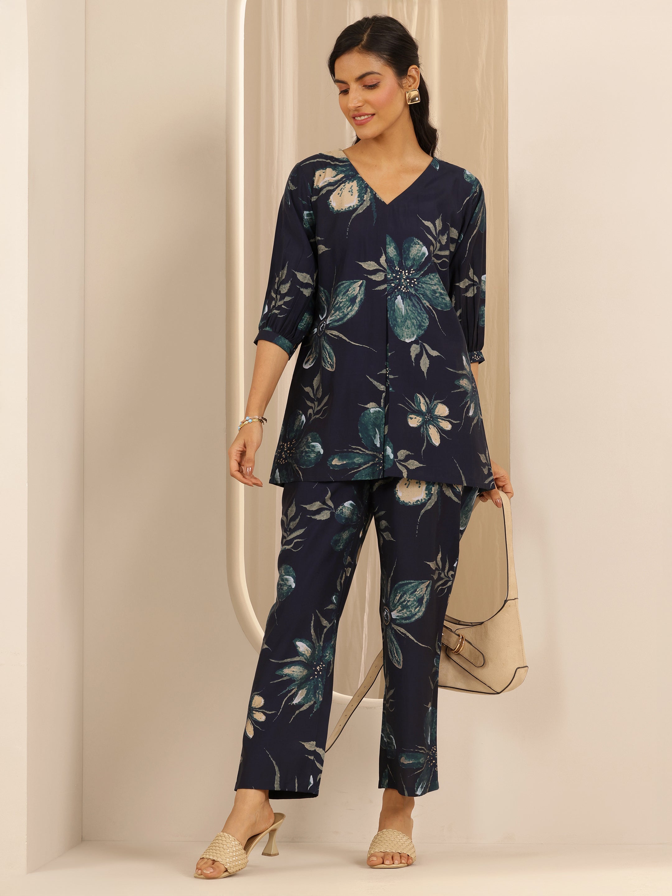 libas Navy Blue Printed Silk Blend Co-Ord Sets-picture-35