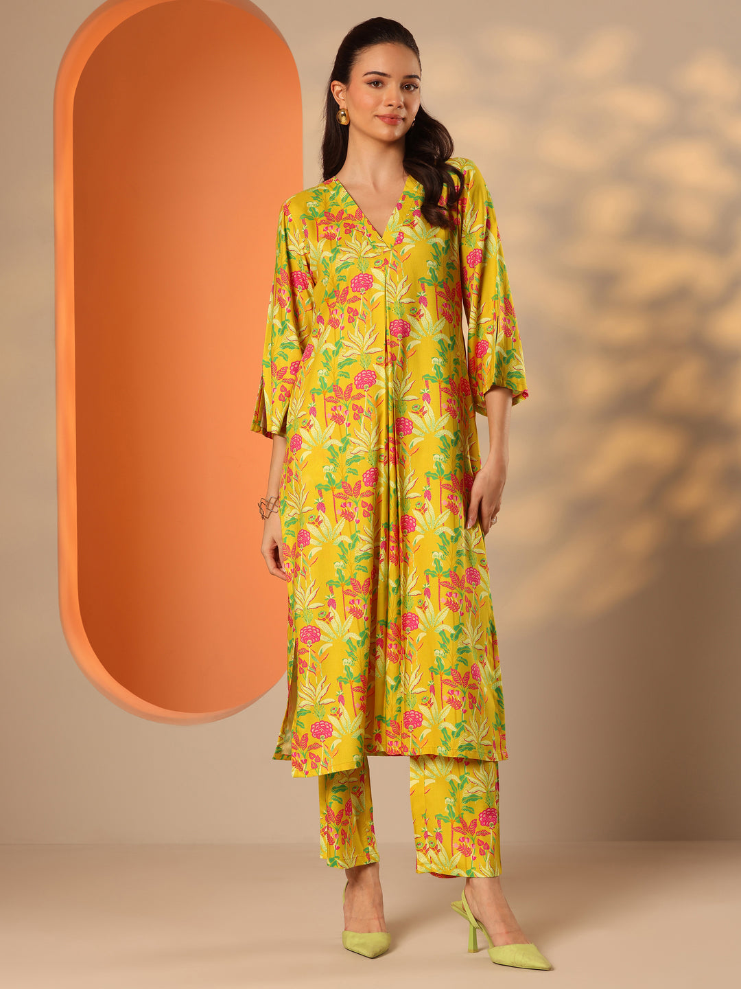  Yellow Printed Rayon Straight Co-ord Sets 