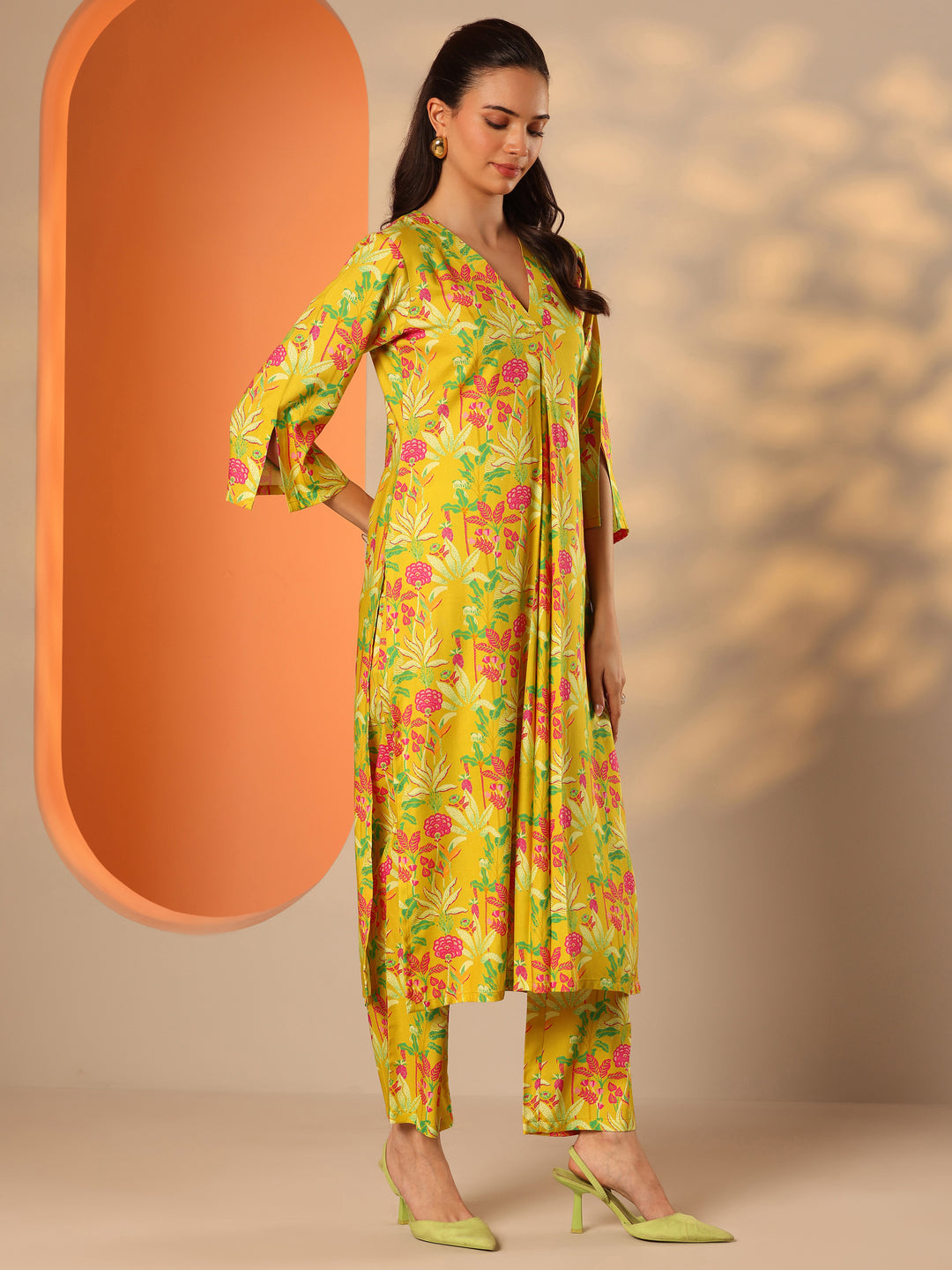  Yellow Printed Rayon Straight Co-ord Sets 