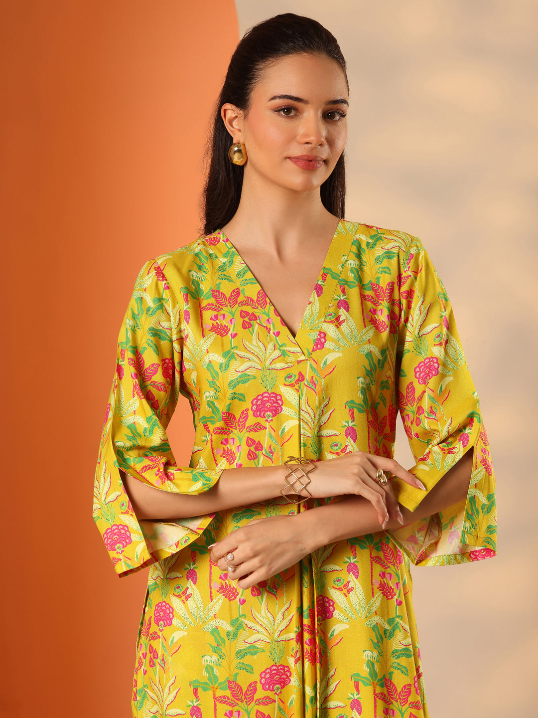  Yellow Printed Rayon Straight Co-ord Sets 