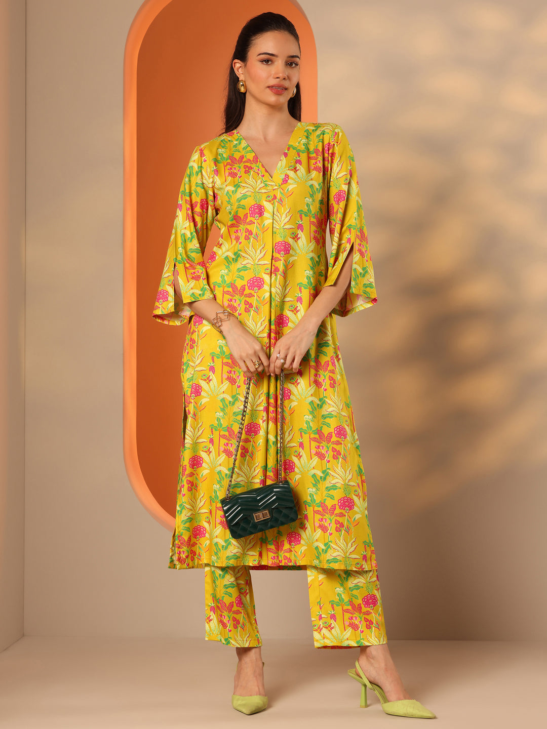  Yellow Printed Rayon Straight Co-ord Sets 