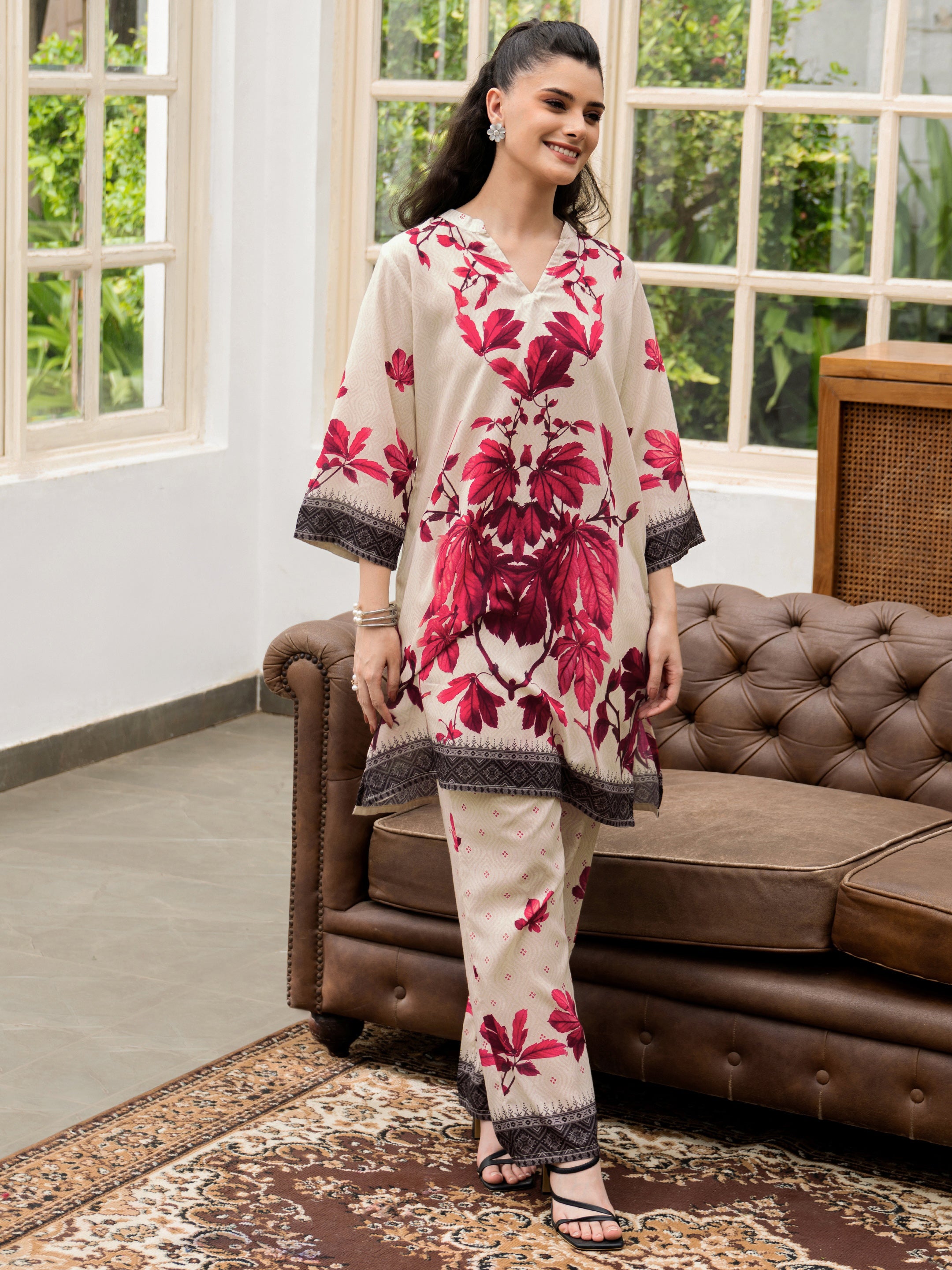 Off White Printed Cotton Blend Co-Ord Sets-image-27