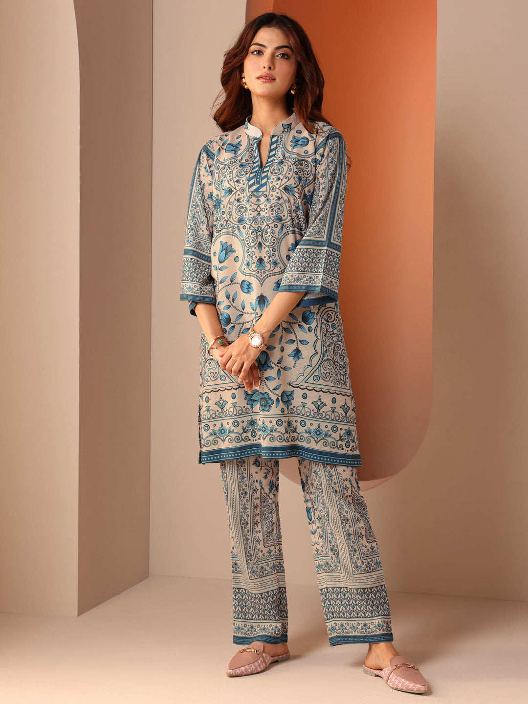  Off White Printed Cotton Blend Co-Ord Sets 